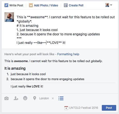 rich text formatiranje u Facebooku
